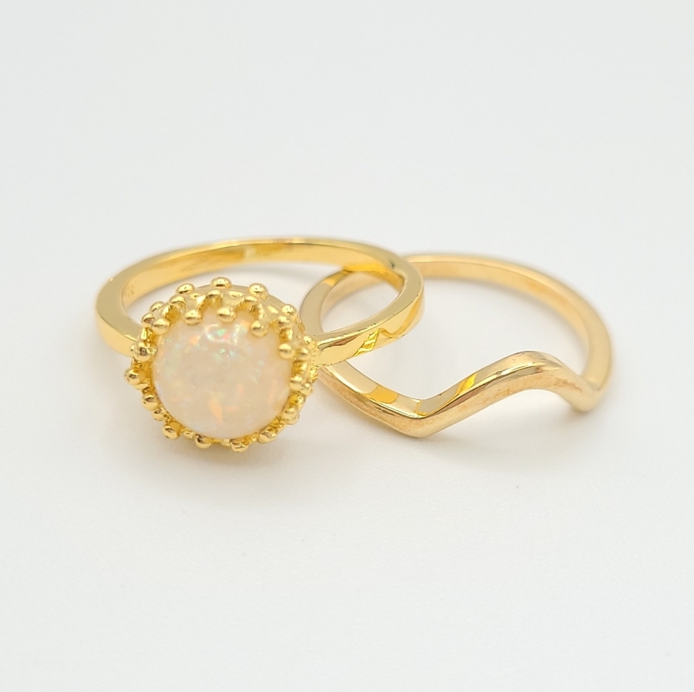 Gold Tone Opal Ring Set Size 7.5 Stackable Promise Ring Wave Band